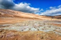 Namafjall Hverir geothermal area in Iceland. Stunning landscape of sulfur valley with smoking fumaroles and blue cloudy sky Royalty Free Stock Photo