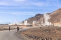 Closeup of Namafjall is Iceland popular geothermal area with a unique landscape of steaming pools and mudpots. Visitors