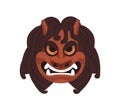 Namahage noh mask. Angry devils face for Japan kabuki theater. Japanese oriental theatrical demon head with horns, hair Royalty Free Stock Photo