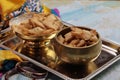 Namakpara Khurma, Nimki, Mathri which is a crispy, crunchy and savory strips in a bowl