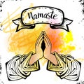 Namaste mudra. Hands on the elbow with drapery clothes. The inscription Ribbon.Symbol of Buddhism or Hinduism. Vector illustration