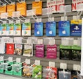 prepaid cards of online services hang on the storefront