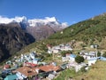 View of hill slopes of Namche Bazaar town and snow-capped peaks of Kongde Ri in the background, Solukhumbu District, Nepal