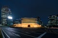 Namdaemun gate in Seoul business district area skyline view from street at night in Seoul ,South Korea. Asian tourism, modern city Royalty Free Stock Photo