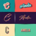 name Amelia in various Retro graphic design elements, set of vector Retro Typography graphic design illustration