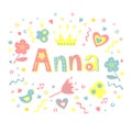 Name ANNA written in a nice coloring font, surrounded by flowers, hearts, butterflies.