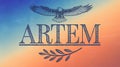 name Artem featuring eagle and leaf on orange and blue gradient backdrop Royalty Free Stock Photo
