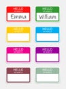 Name badge. Tag of hello. Sticker or card with my nametag. Label with hi. Paper card for identification teacher, speaker on meet