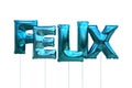 Name felix made of blue inflatable balloons isolated on white background