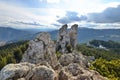 Landscape of the Pietrele Doamnei - Lady`s Stones - with Hotel Rarau in the backround, in Rarau mountains, Romania, Europe Royalty Free Stock Photo