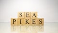 The name Sea pikes was created from wooden letter cubes. Seafood and food. Royalty Free Stock Photo