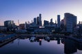 Name sign of Marvel stadium reflected in the water. Melbourne, Australia. Royalty Free Stock Photo