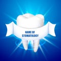 Name of stomatology. Tooth on a blue background.