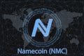 Namecoin NMC Abstract Cryptocurrency. With a dark background and a world map. Graphic concept for your design Royalty Free Stock Photo