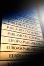 Nameplate in all EU languages in front of the European Parliament. Brussels, Belgium Royalty Free Stock Photo