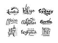 Names of cities, London, Tokyo, Sydney, Pisa, Los Angeles, Berlin, New York, Reykjavik, Barcelona, city lettering design Royalty Free Stock Photo