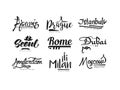 Names of cities, Paris, Prague, Istanbul, Seoul, Rome, Dubai, Amsterdam, Milan, Moscow, city lettering design hand drawn