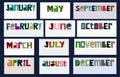 Names of months of the year. Colourful typeface vector text.