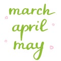 Names of spring month. March, april and may in hand drawn style.