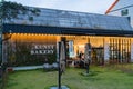 Namhae,South Korea-November 2020: Bakery with large architecture building with yellow light