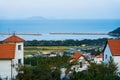 Namhae,South Korea-November 2020: Germany style red brick house building with sea ocean seashore view at Namhae German Village,