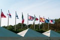 Namhae,South Korea-November 2020: Nation flags of different countries hanging above the booth with triangle roof