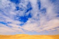 Namib Desert, sand dune with beautiful blue sky with white clouds. Landscape in Namibia, Africa. Travelling in the Namibia desert Royalty Free Stock Photo