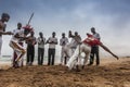 NAMIBE/ANGOLA - 28 AUG 2013 - African sportsmen practicing the famous Brazilian capoeira fight