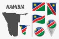 Namibia. Collection of symbols in colors national flag on various objects isolated on white background. Flag, pointer, button,
