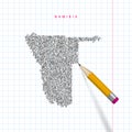 Namibia sketch scribble vector map drawn on checkered school notebook paper background