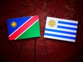 Namibian flag with Uruguaian flag on a tree stump isolated