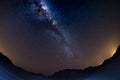 Namibian sky, stars and Milky Way arch, in the Namib desert, Namibia, Africa. Fish eye view, dark sand dunes. Royalty Free Stock Photo