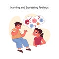 Naming and expressing feelings concept. Concerned boy discusses