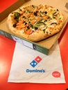 Big beautiful veggie pizza with a thick crust from DominoÃ¢â¬â¢s Pizza