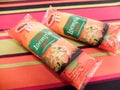 Two Loempia package of Mora brand. Loempia is an asian fried spring rolls, egg rolls
