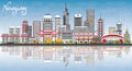 Nanjing China Skyline with Gray Buildings, Blue Sky and Reflections.