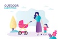 Nanny with baby carriage and girl walks in park. Cartoon babysitter with stroller and child on outdoor stroll