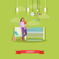 Nanny with a child. Nursery room interior. Vector illustration in flat style. Baby, cradle