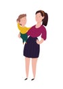 Nanny. Girl babysitter holds baby in arm. Character people vector illustration.