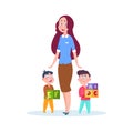 Nanny and kids. Young babysitter, cartoon little brothers with cubes. Preschool study, isolated kindergarten children