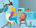 Nanny in the kitchen is feeding the child Royalty Free Stock Photo