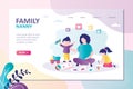 Nanny playing with children in toys. Mother sitting with son and daughter. Female character taking care of kids. Landing page