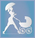 Nanny. Woman walking with a baby carriage. Paper art Royalty Free Stock Photo