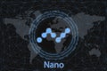 Nano Abstract Cryptocurrency. With a dark background and a world map. Graphic concept for your design