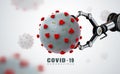 Nano robot hand ai with corona virus covid 19 in realistic style in microscope monitor