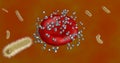 Nano robots, particles swarming around a cell. 3d rendering illustration view 1