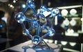 A nanorobot model designed for specific tasks at the molecular level displayed in a tech exhibit