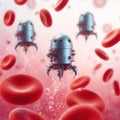 Nanorobots flying among red blood cells.