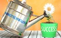 Nanotechnology helps achieve success - pictured as word Nanotechnology on a watering can to show that it makes success to grow and