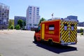 Ambulance red van side panel emergency car firefighter rescue victim french